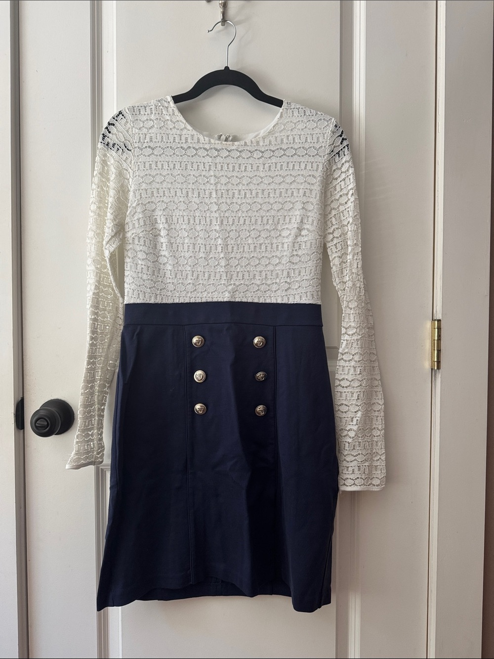 Maison Jules White Lace Top Navy Skirt Long Sleeve Dress